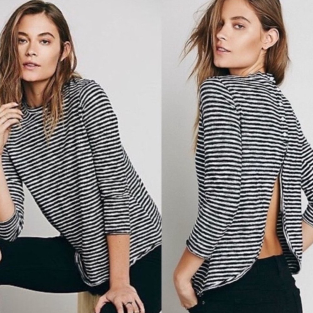 Free People | We The Free Mod Cotton Stripe Open-Back Top | Large | Navy/Cream